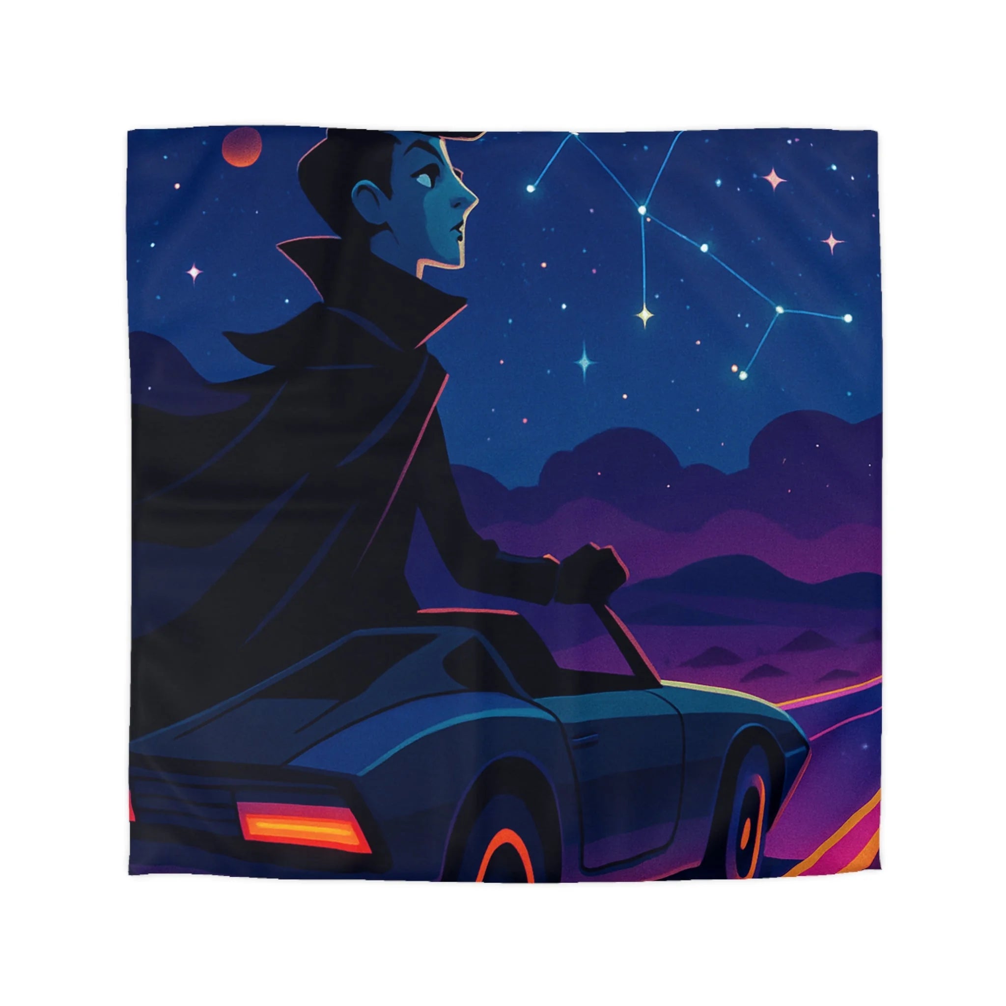 Housse de couette rétro avec constellations et voiture sous ciel étoilé et planète
