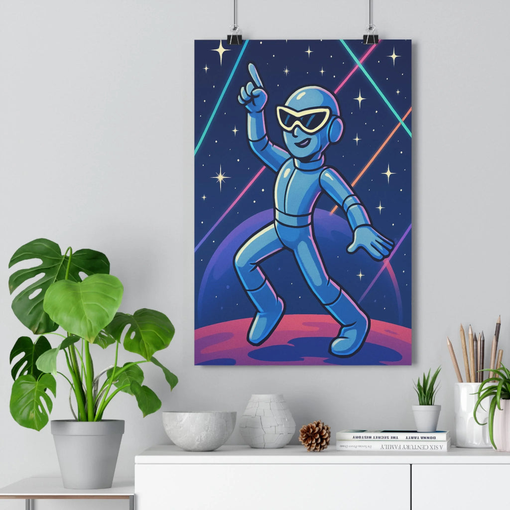 Poster décoratif personnage futuriste danse bleu rose cartoon espace lumineux étoiles salon chambre qualité