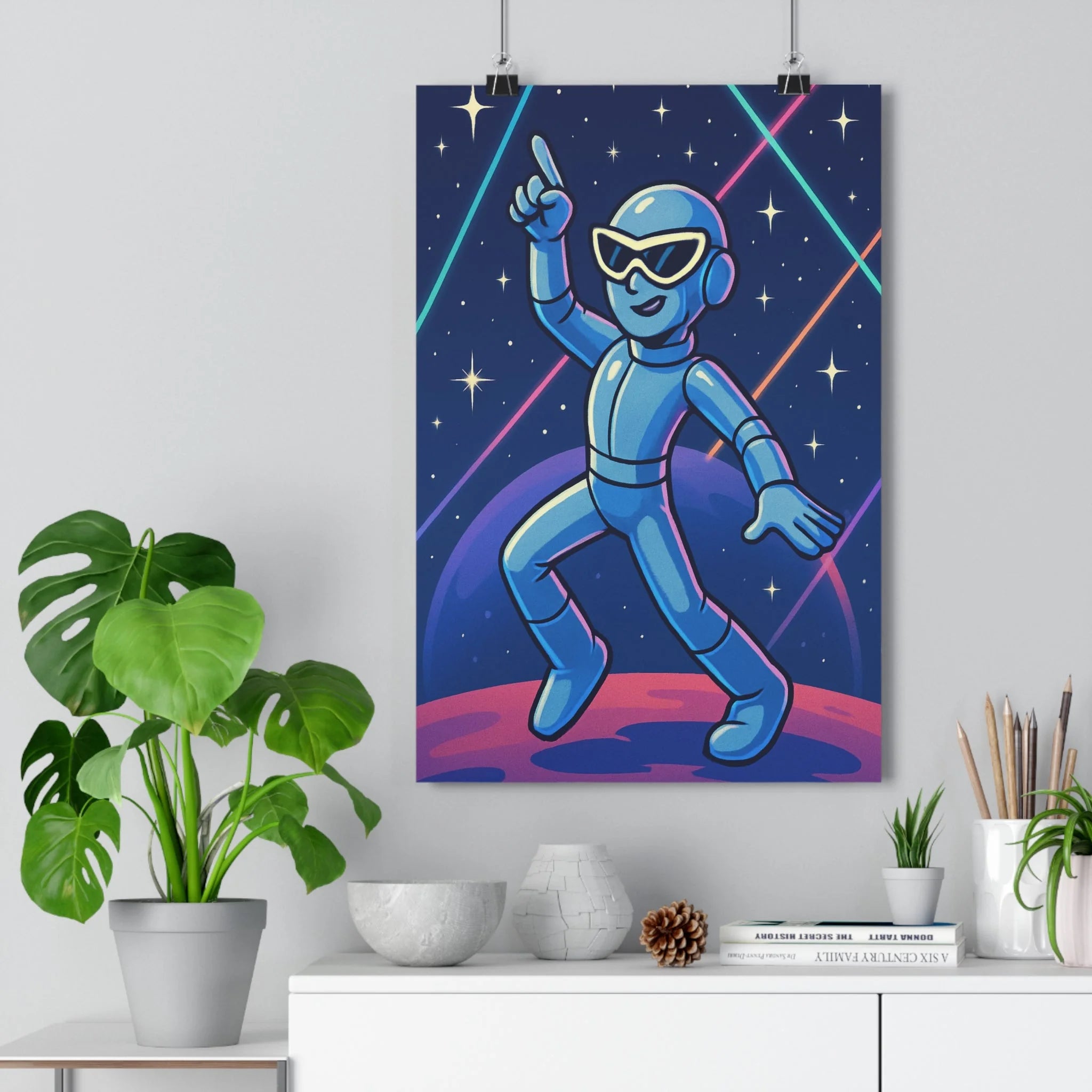 Poster décoratif personnage futuriste danse bleu rose cartoon espace lumineux étoiles salon chambre qualité