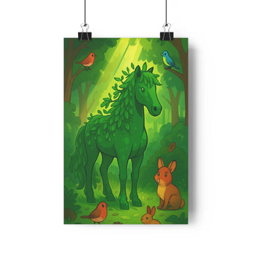 Poster vert cartoon forêt animaux cheval lapins oiseaux feuilles branches tranquilité nature sérénité chambre salon