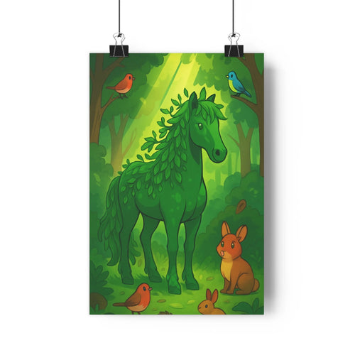 Poster vert cartoon forêt animaux cheval lapins oiseaux feuilles branches tranquilité nature sérénité chambre salon
