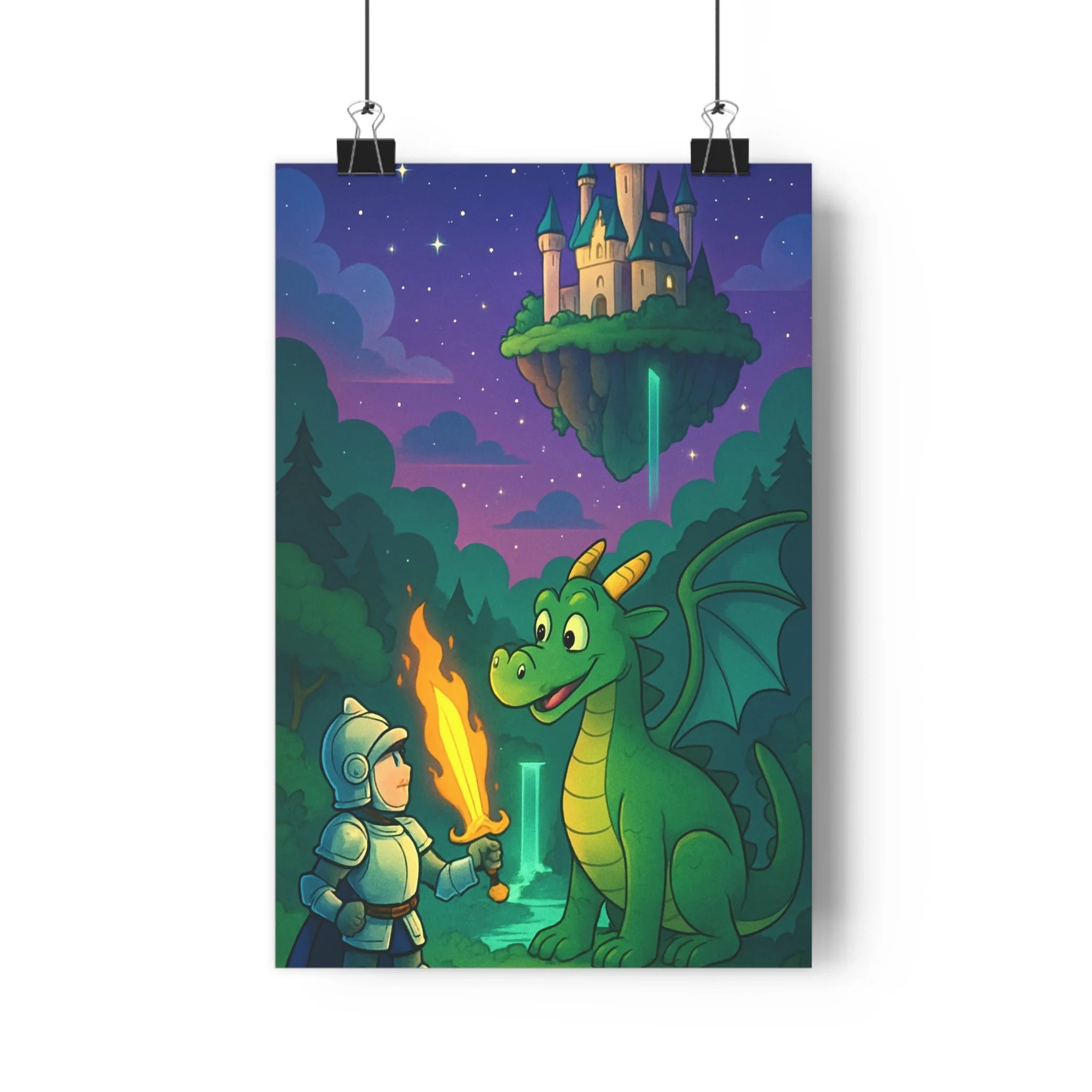 Poster décoratif médiéval féerique rouge vert chambre enfant aventure magique cartoon chevalier épée dragon