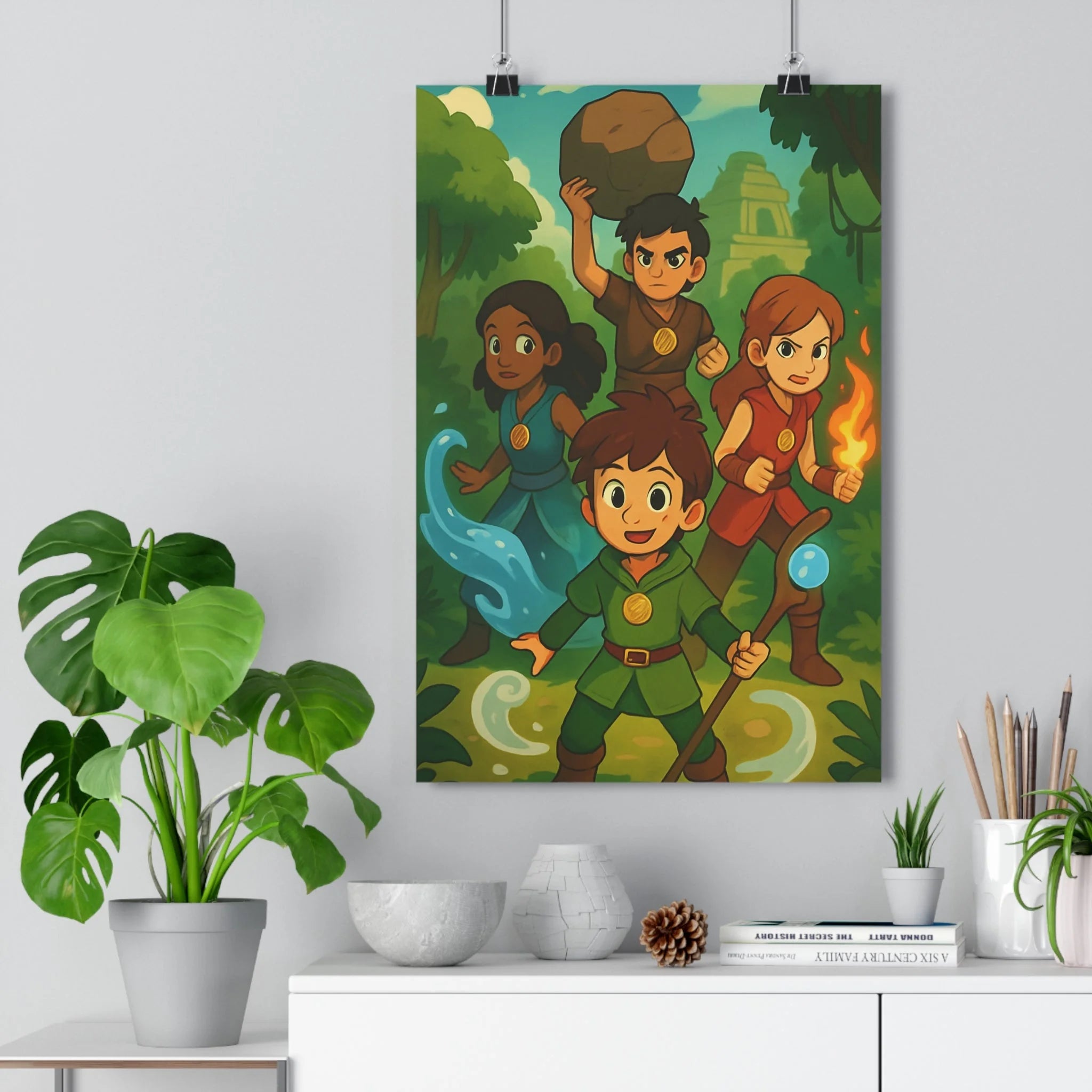 Poster décoratif anime vibrant rouge bleu aventure chambre enfant magie 30x46 dynamique personnages éléments