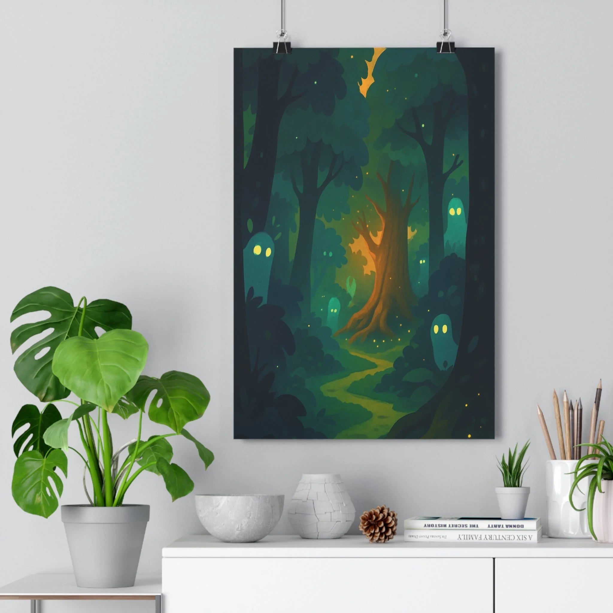 Poster décoratif forêt enchantée vert doré cartoon mystique aventure chambre salon magique créatures artistiques