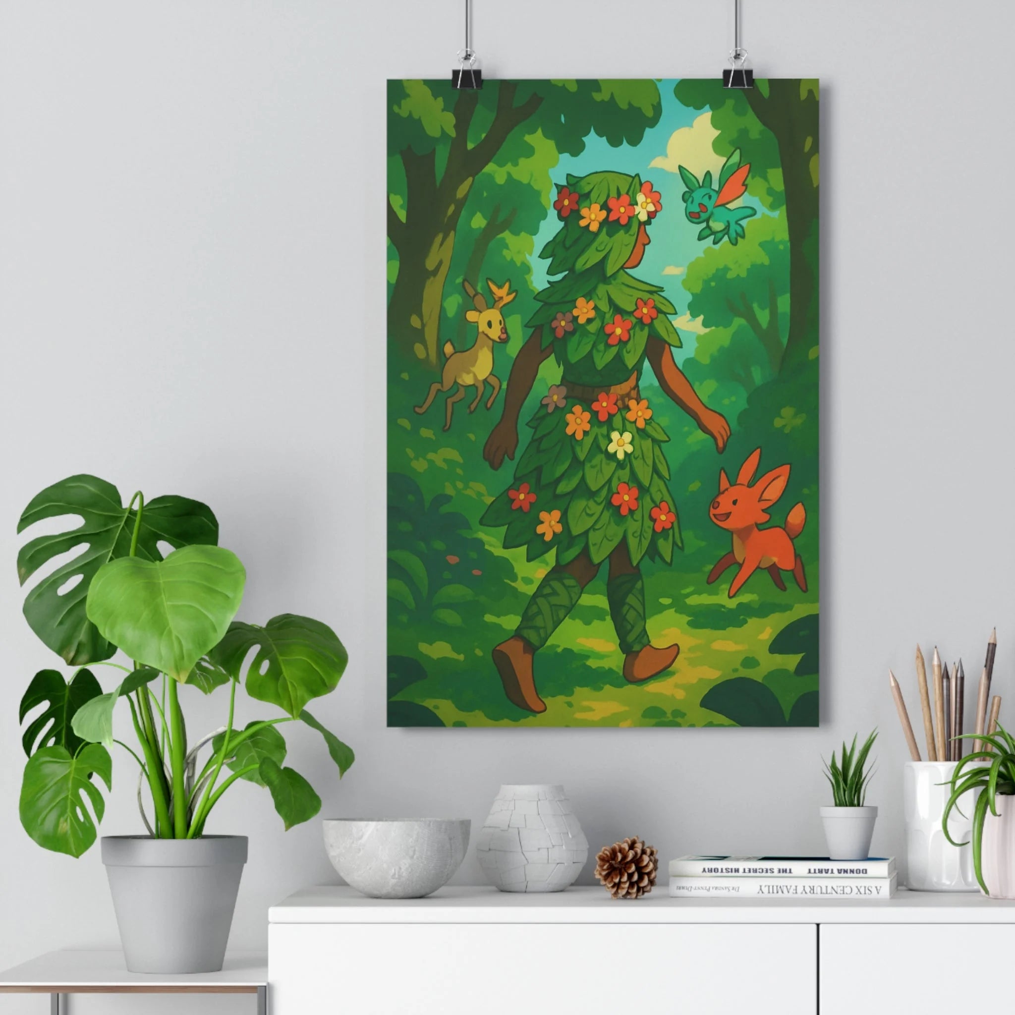 Poster décoratif vibrant forêt nature joyeux vert orange fantaisie chambre salon intérieur contemporain unique