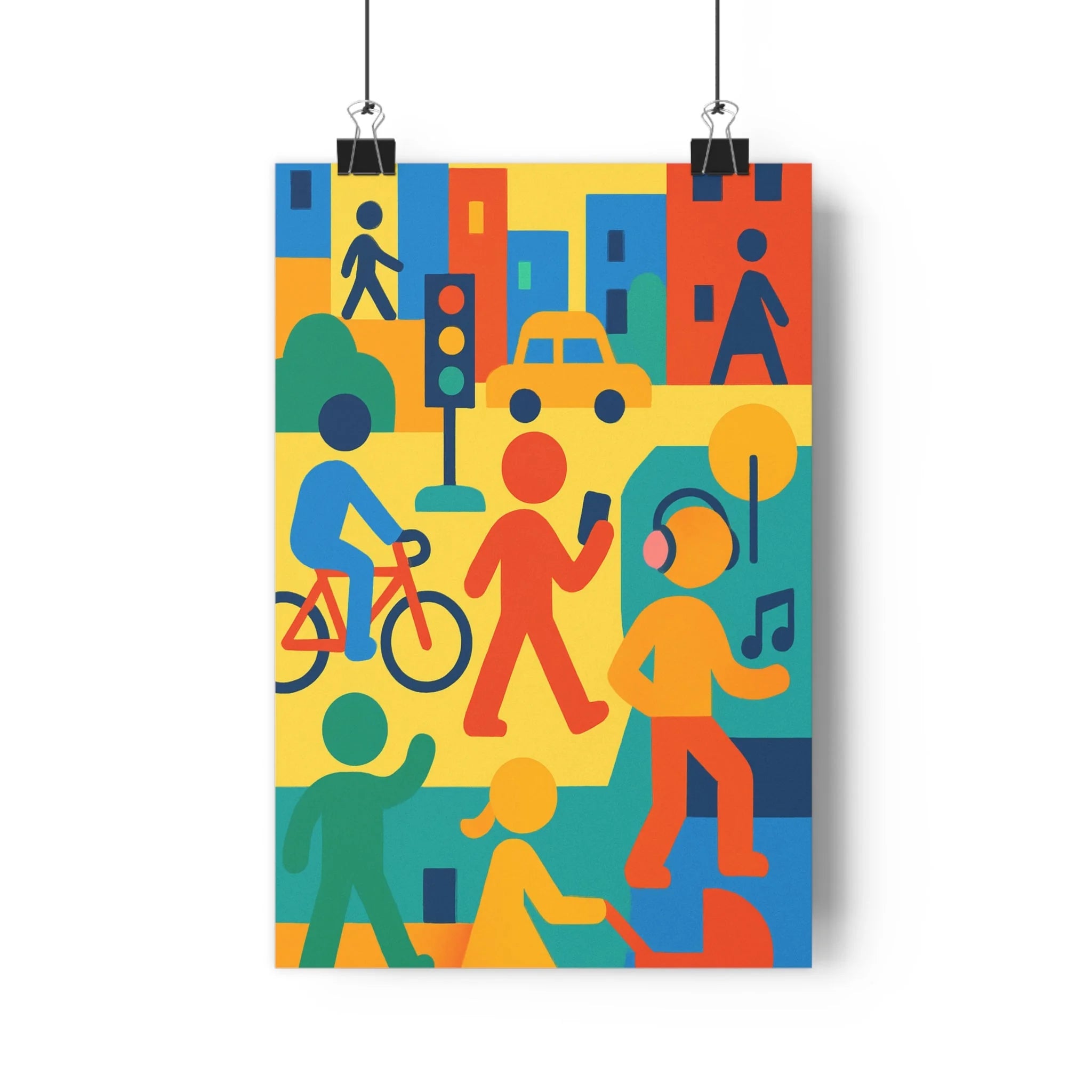 Poster décoratif moderne géométrique rouge bleu jaune vert urbain animé salon bureau ambiance dynamique