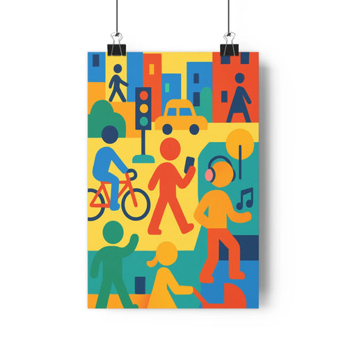 Poster urbain dynamique piétons cycliste taxi enfant chariot bâtiments arbres couleur jaune bleu vert style plat minimaliste ambiente vivace salon