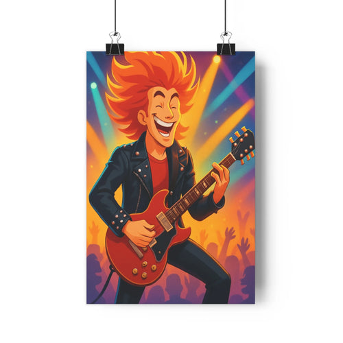 Poster énergique guitare rouge veste cuir projecteurs couleur ambiance festive silhouettes spectators chambre salon cartoon vibrant