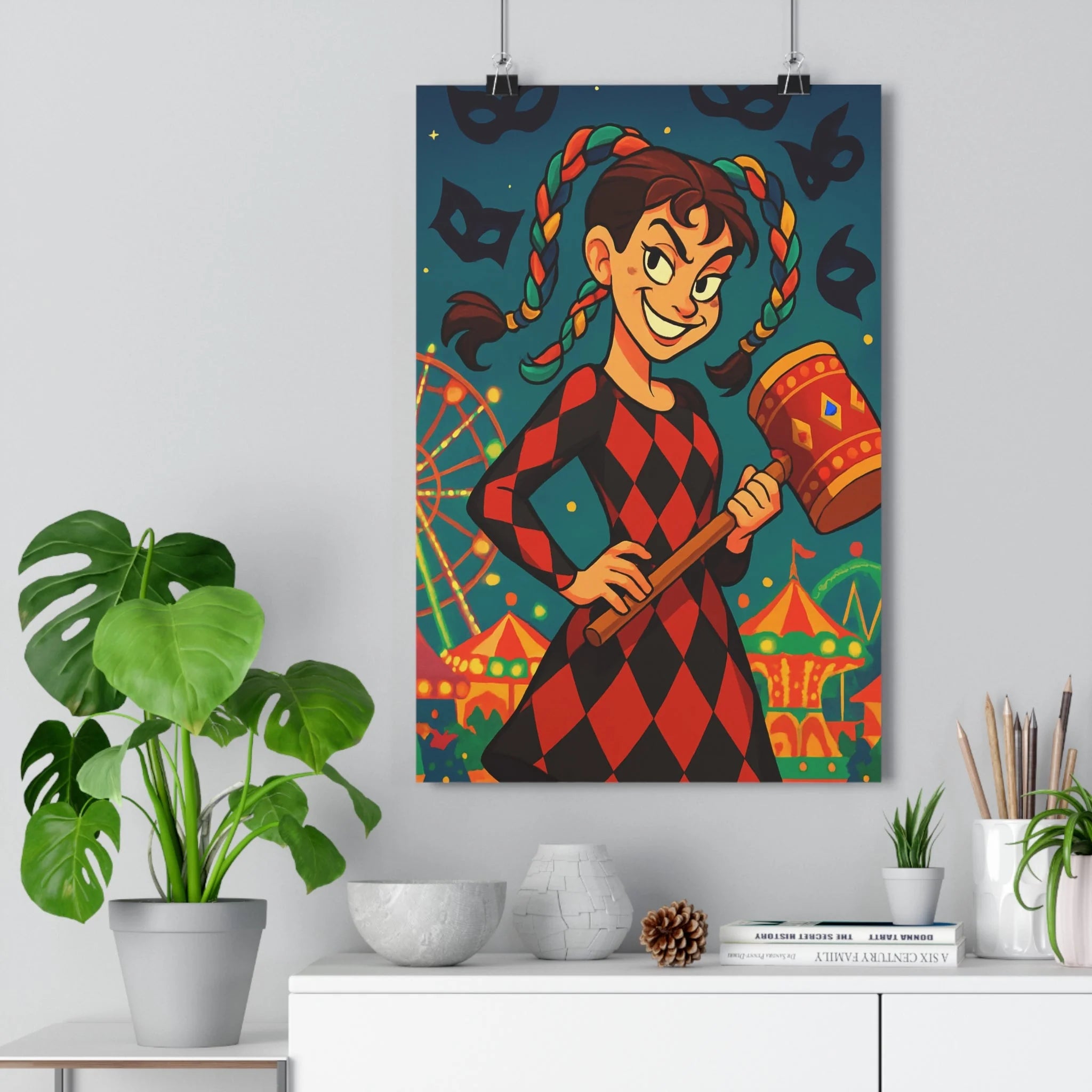 Poster décoratif cartoon rouge noir joyeux chambre salon art femme malicieuse fête tressée étoiles