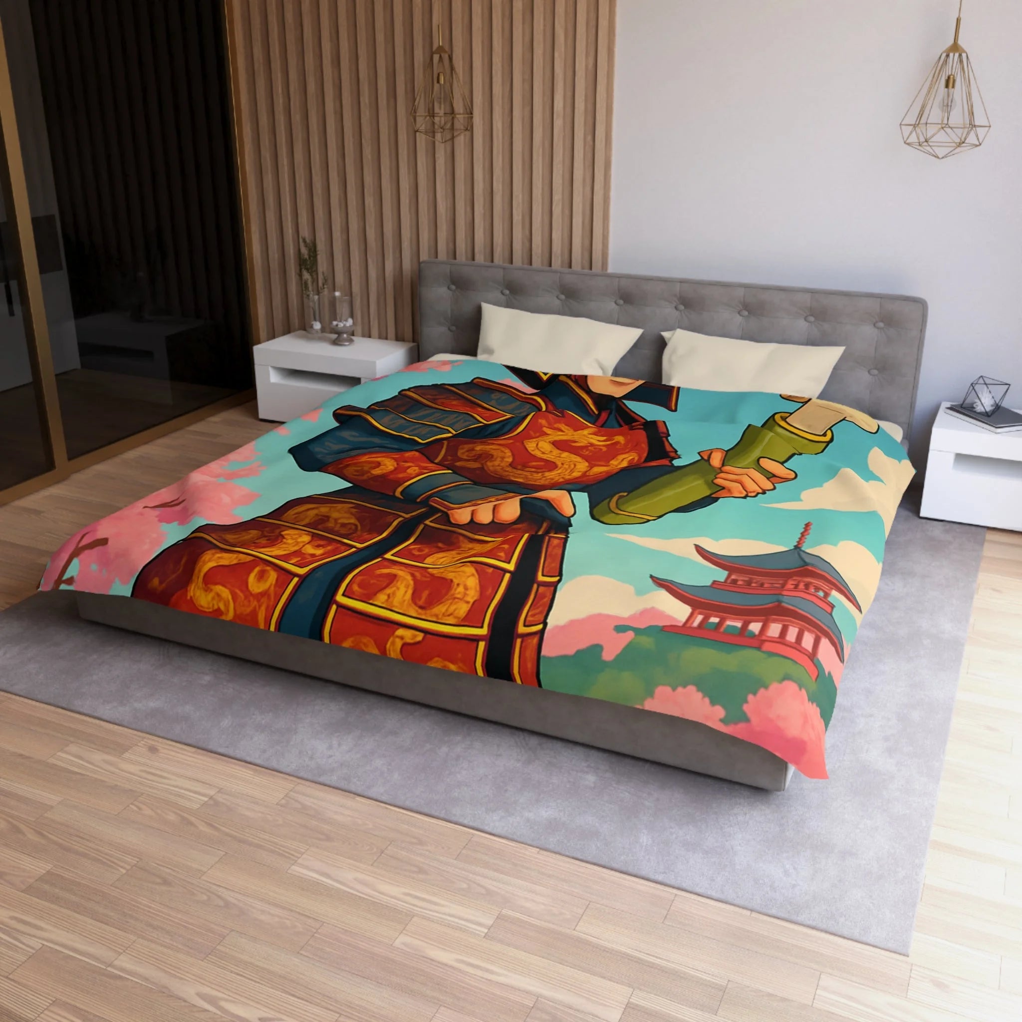 Housse de Couette Samouraï Japonais avec Armure Traditionnelle et Cerisiers en Fleurs