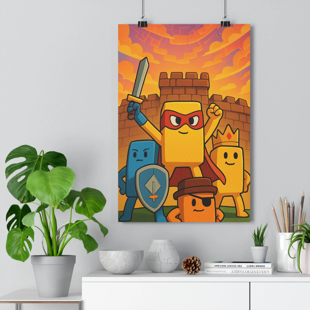 Poster décoratif cartoon héros jaune bleu aventure dynamique enfant chambre vibrant créatif artistique joyeux