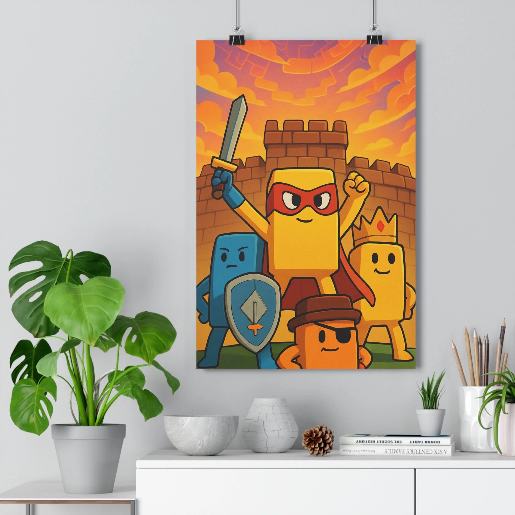 Poster décoratif cartoon héros jaune bleu aventure dynamique enfant chambre vibrant créatif artistique joyeux