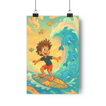 Poster surf enfant joyeux dauphins vague lumineuse nuages orangés poissons dorés style cartoon couleurs vives ambiance joyeuse chambre salon