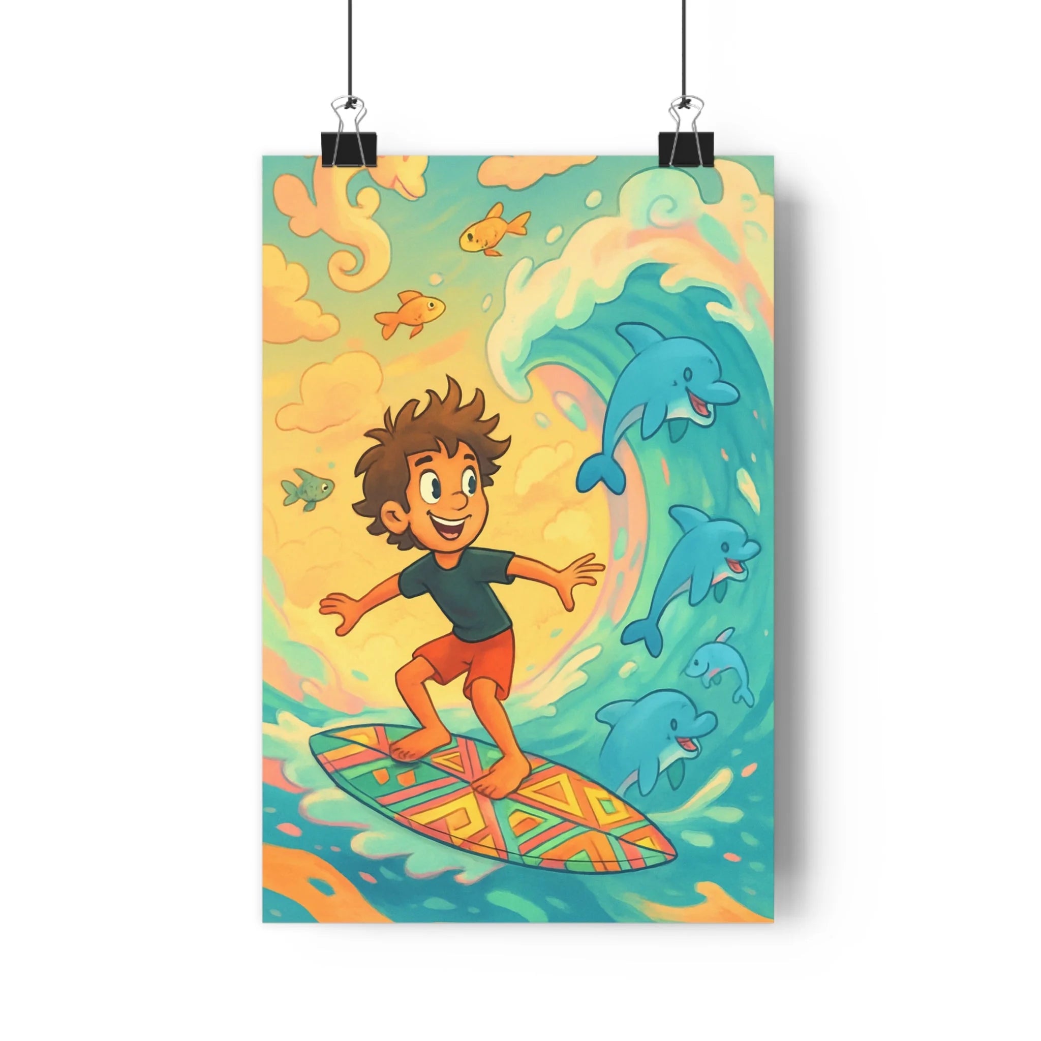 Poster décoratif cartoon surf enfant joyeux bleu orange chambre océan magique vibrant mural tendance