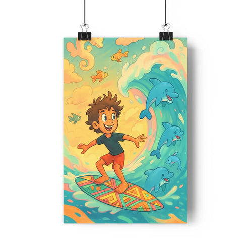 Poster surf enfant joyeux dauphins vague lumineuse nuages orangés poissons dorés style cartoon couleurs vives ambiance joyeuse chambre salon