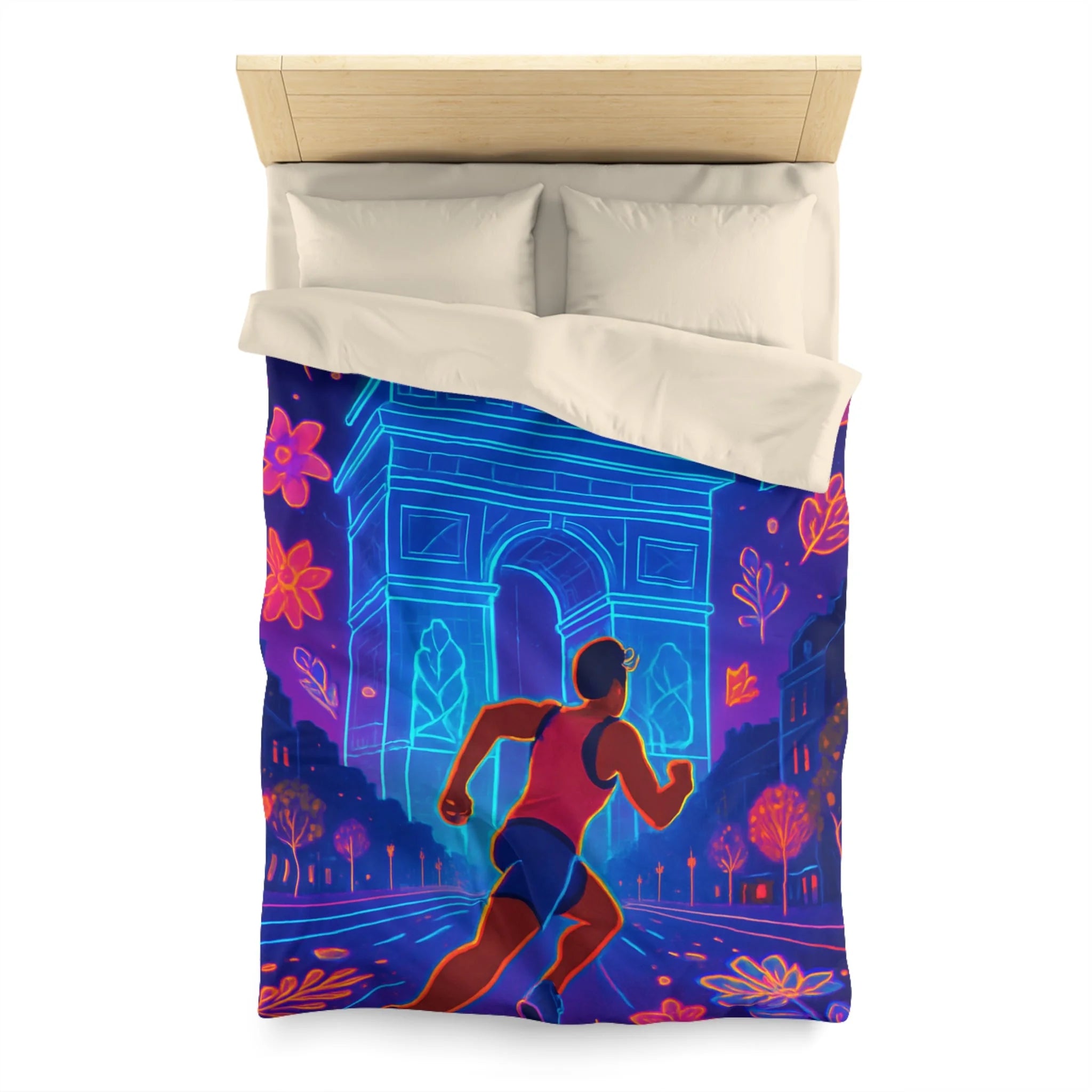 Housse de Couette Vibrante : Coureur Devant Monuments et Fleurs Scintillantes de Paris