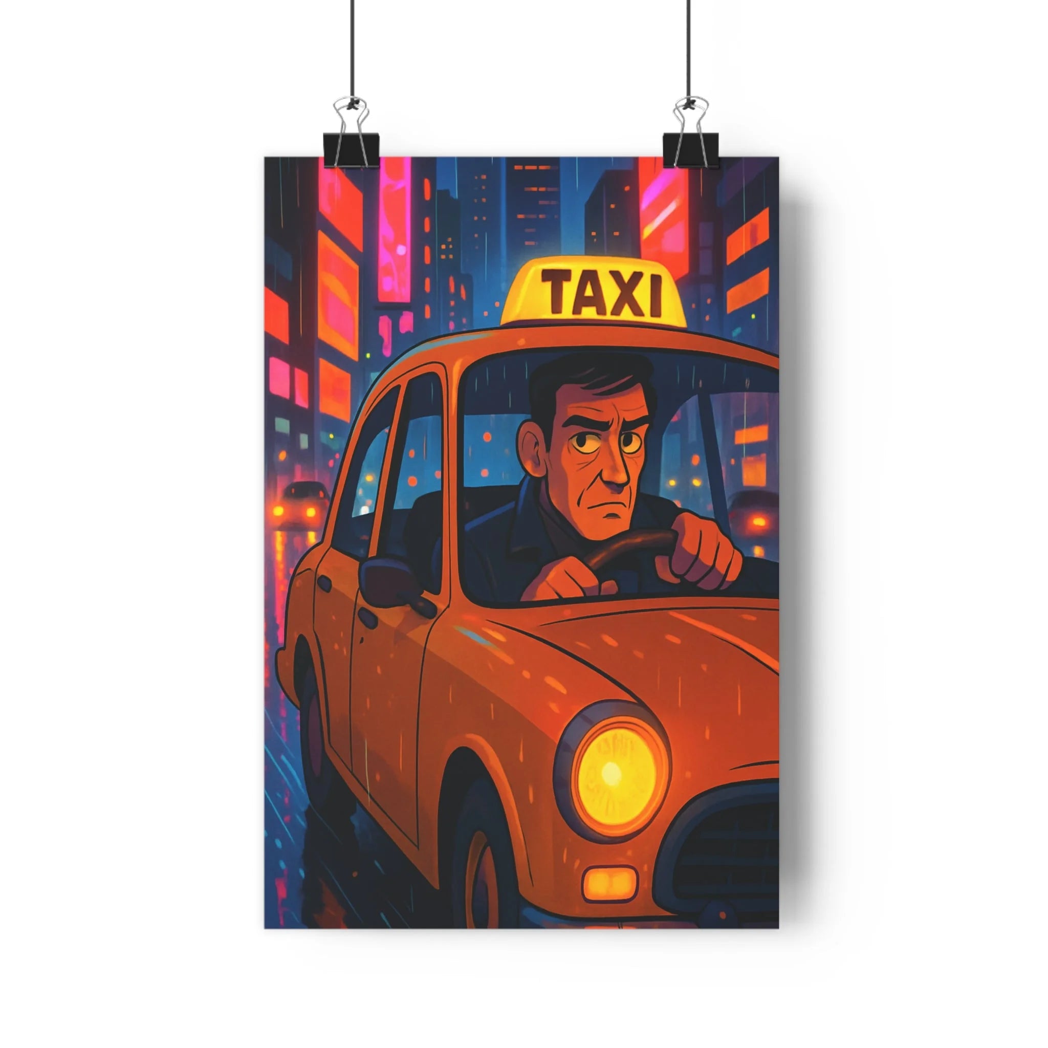 Poster décoratif taxi jaune néon urbain moderne dynamique salon chambre dessin animé nuit ville