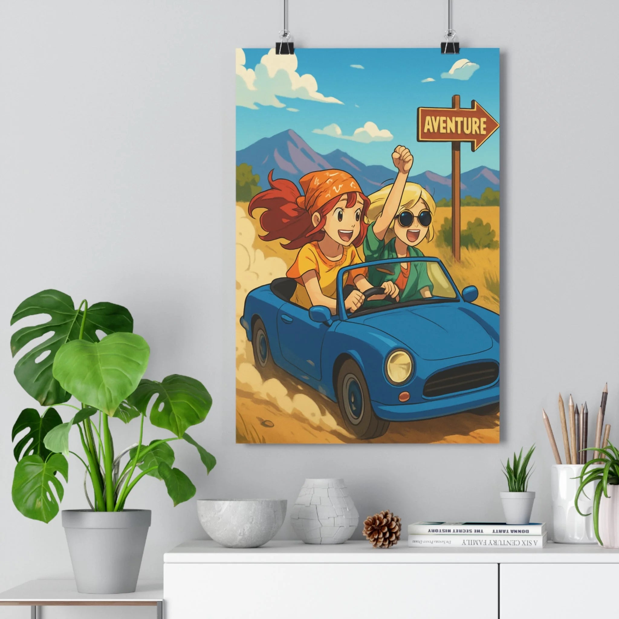 Poster décoratif anime moderne bleu vert aventure joyeux voiture chambre salon dynamique route personnages