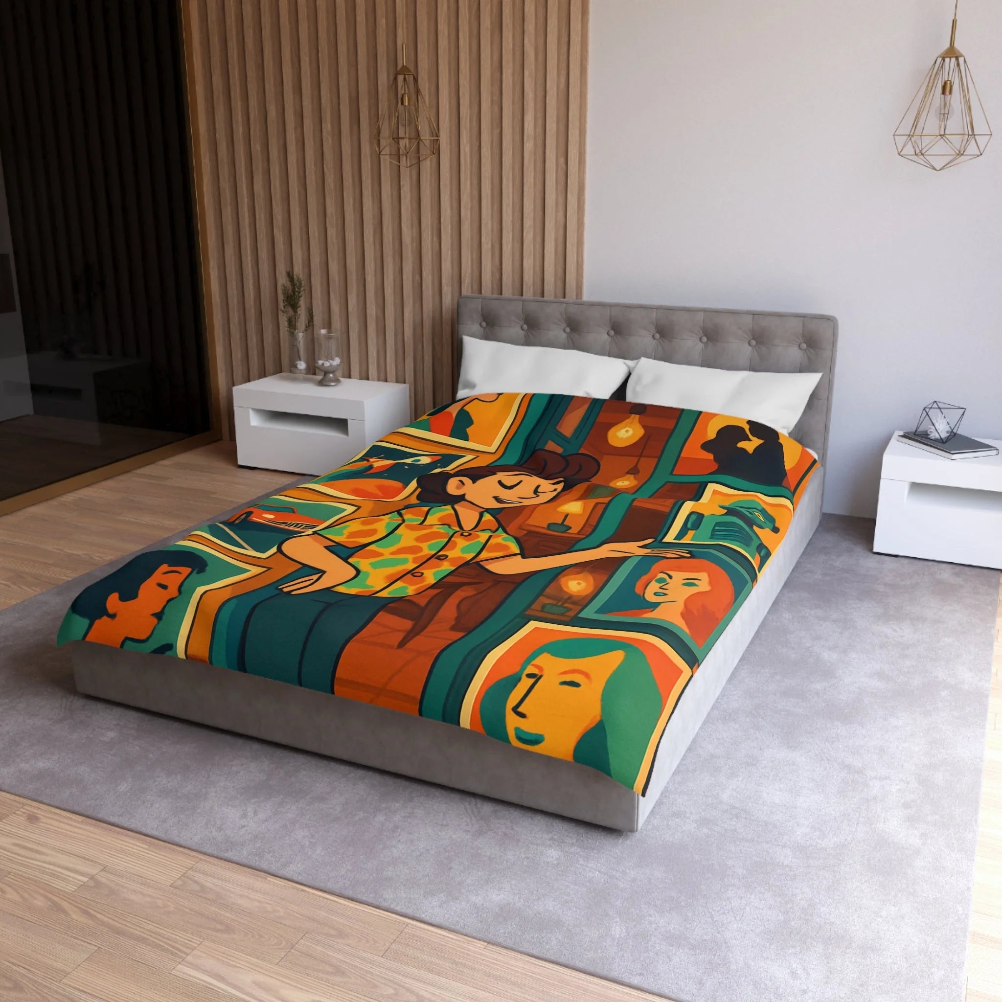 Housse de couette rétro avec illustrations vibrantes, ambiance vintage et design artistique coloré