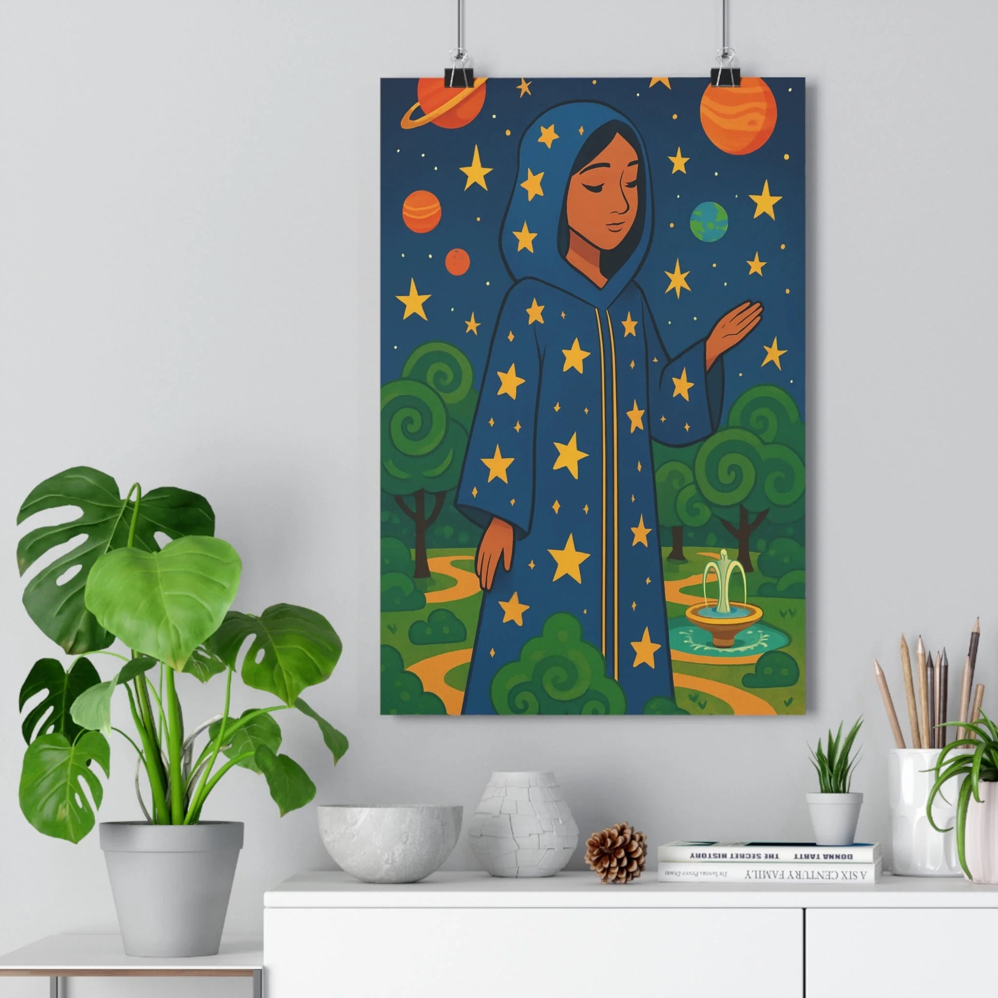 Poster décoratif cosmique dessin animé mystique bleu orange vert chambre salon enfant unique qualité