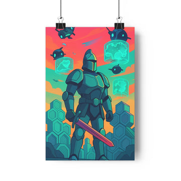Poster chevalier armure epée géométrique plantes vertes couleurs vives fond rose profondeur moderne aventure dynamique captivant salon bureau