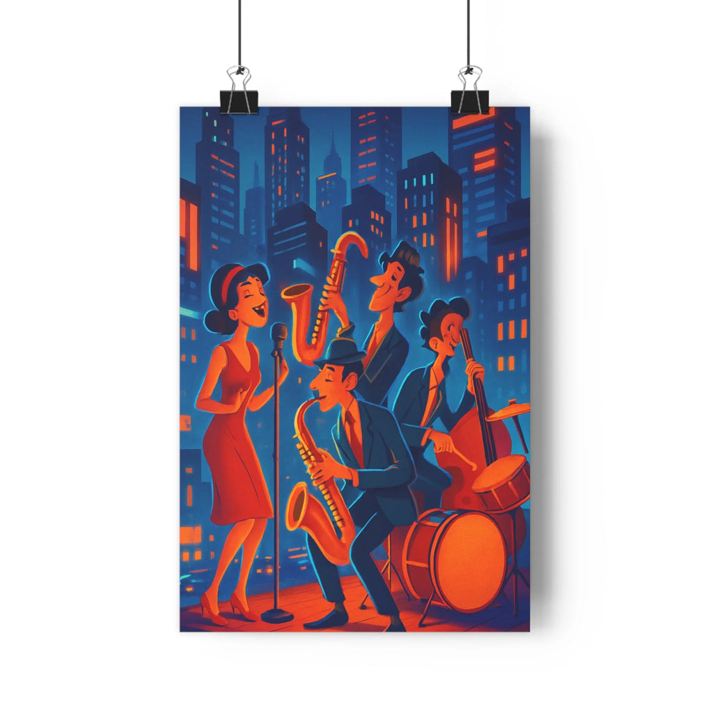 Poster décoratif urbain vintage bleu orange scène musicale chanteuse salon bureau style rétro élégant