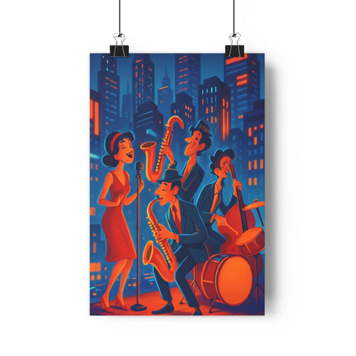 Poster urbain nuit musiciens batteur saxophonistes chanteuse robe rouge gratte-ciels bleus rouges profondeur festive jazz métropole conviviale salon bureau