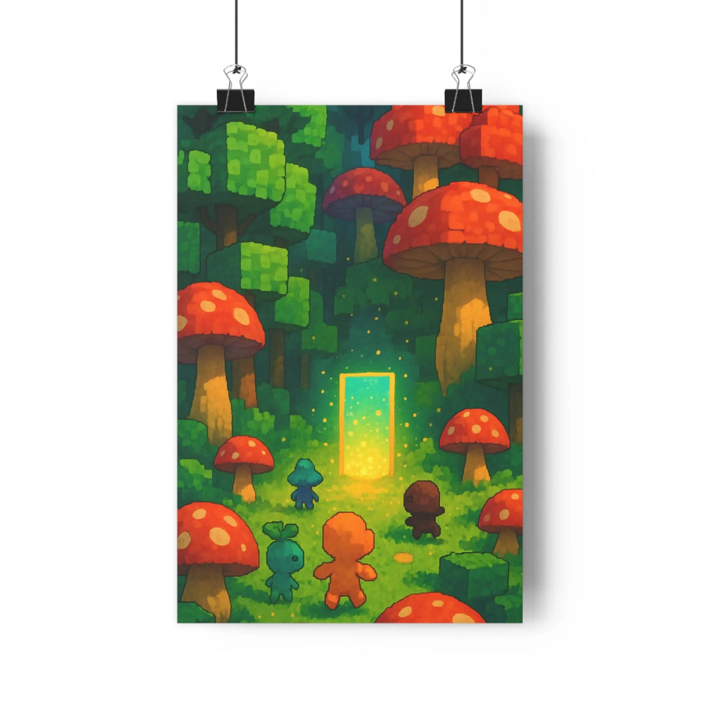 Poster décoratif fantastique forêt enchantée vert violet cartoon mystique chambre enfant créatures lumineuses ambiance