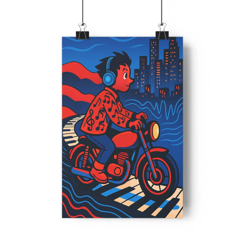 Poster moderne personnage moto tatouages notes musicales écouteurs ville nocturne gratte-ciels vague océan plante verte commode livres crayons ambiance musicale
