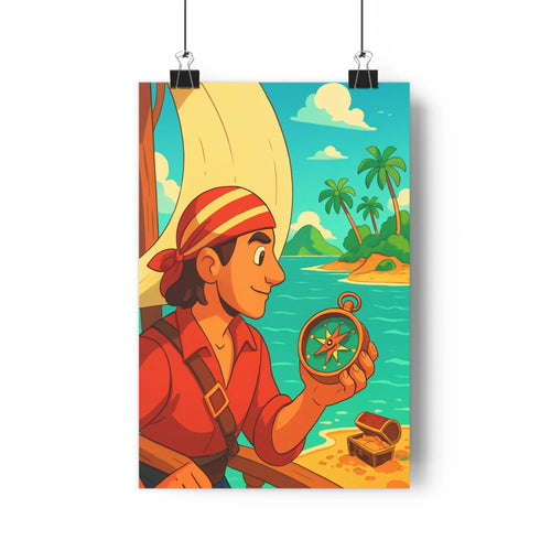 Poster aventurier pirate compas chemise rouge bandana marin paysage îles palmiers ciel bleu nuages style cartoon exploration légèreté fantastique chambre