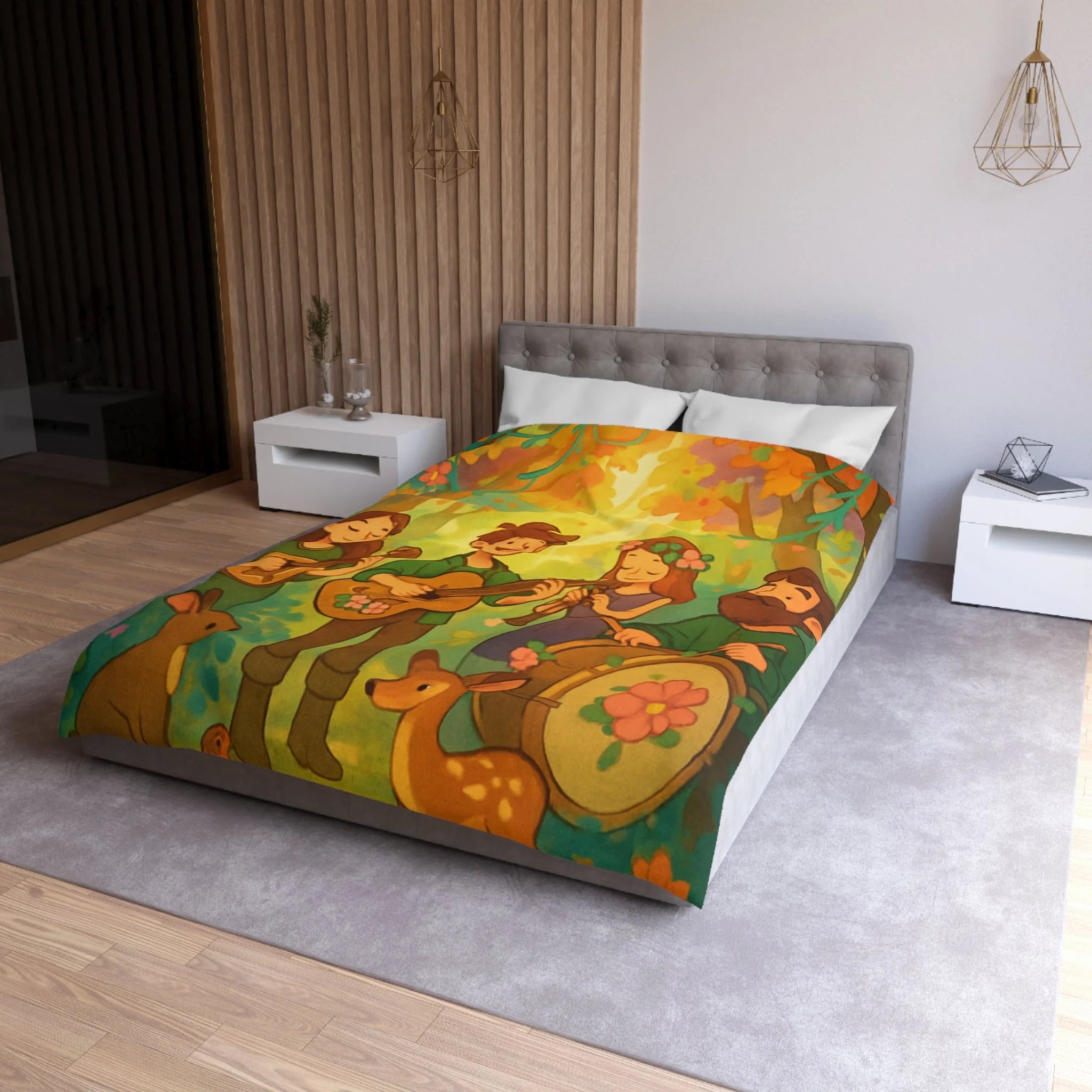 Housse de couette musicale enchantée forêt, animaux, motifs vibrants pour chambre féerique