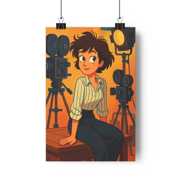 Poster femme cinéma banc caméras trépieds couleurs chaudes cartoon ombres douces ambiance créative salon bureau