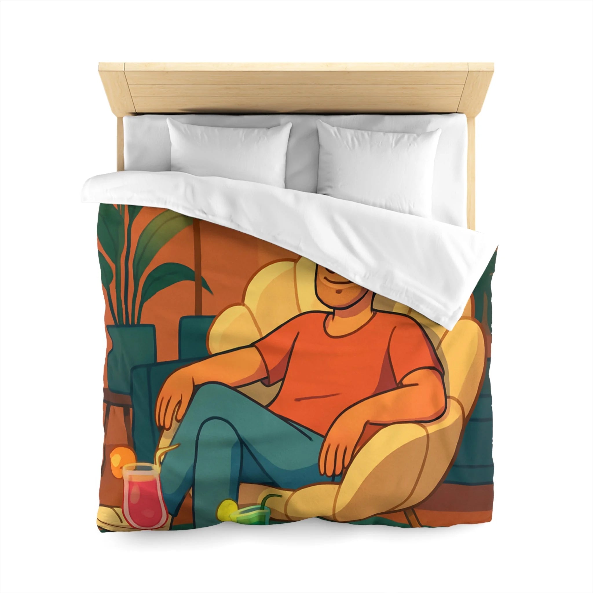 Housse de Couette Tropicale Design Moderne avec Feuilles et Boissons Colorées Style Rétro