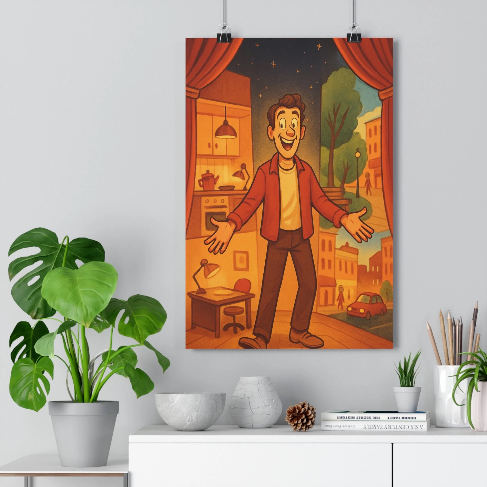 Poster décoratif cartoon joyeux orange rouge intérieur salon bureau ambiance théâtrale expressif scène étoiles