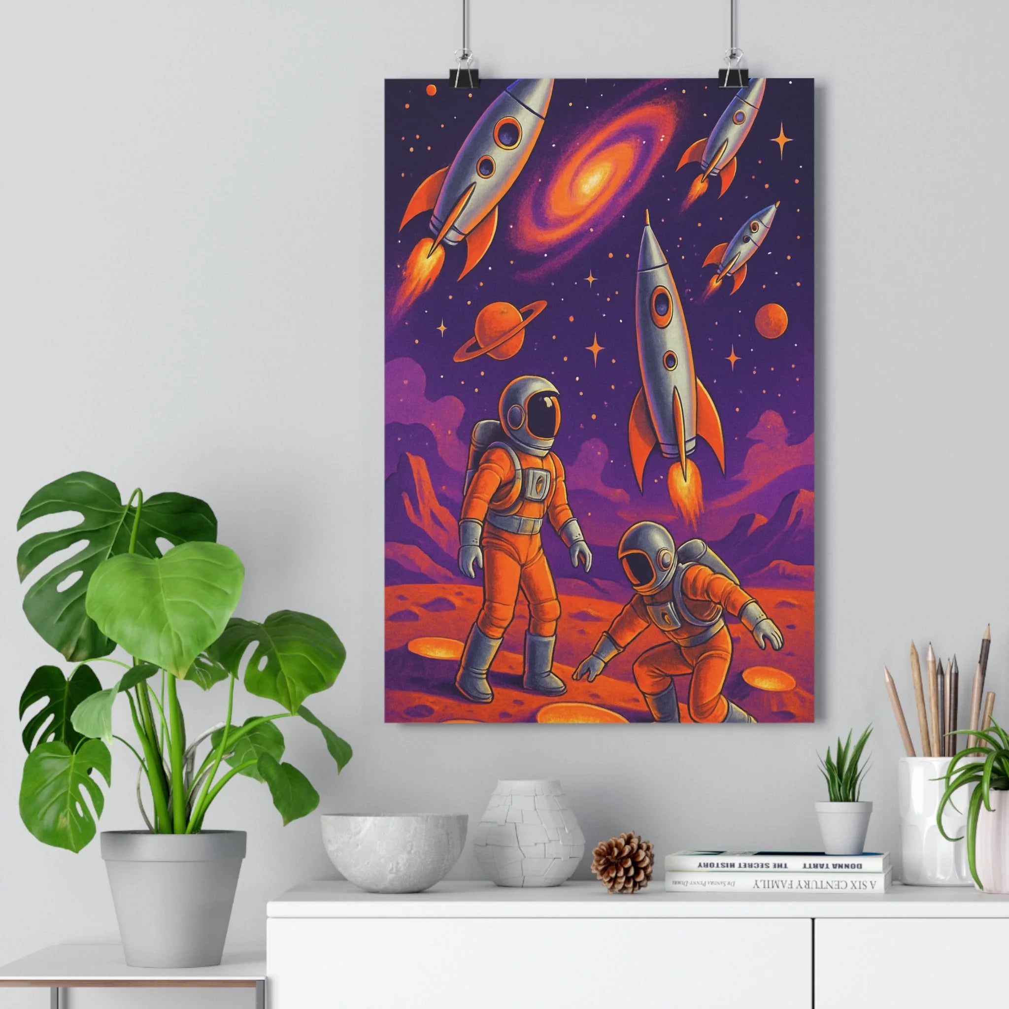 Poster décoratif rétrofuturiste violet orange cartoon espace aventure salon bureau tendance unique qualité premium