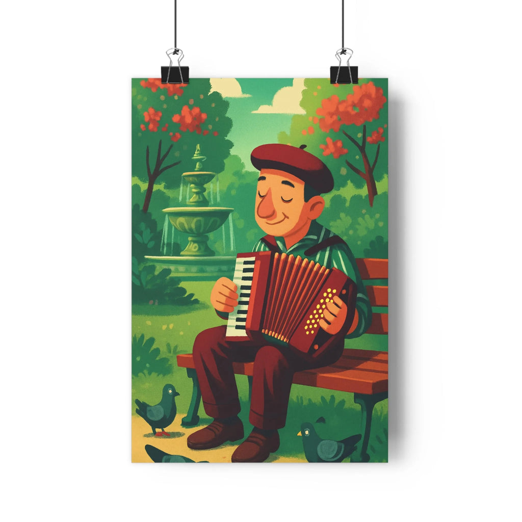 Poster décoratif animation douce couleurs printanières joyeuse salon détente parc accordéon verdure fleurs rouges