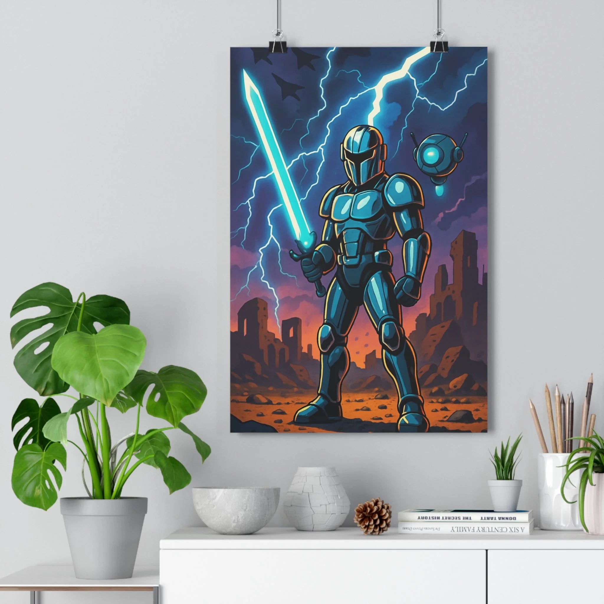 Poster décoratif futuriste guerrier cyberpunk bleu orange intense dramatique chambre jeu vibrant unique épique