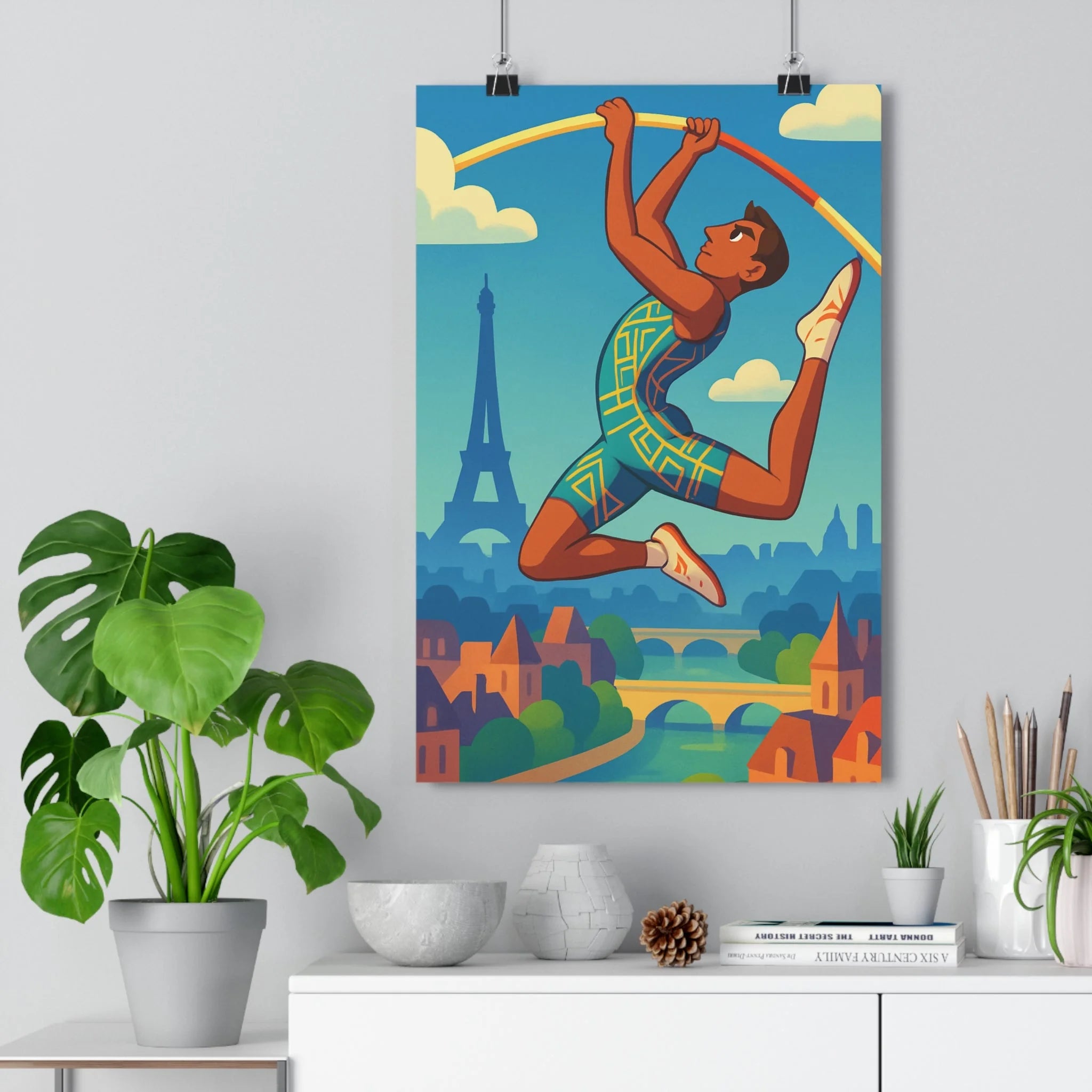 Poster décoratif athlète saut perche bleu orange vert cartoon énergique chambre bureau 30x46 vibrant