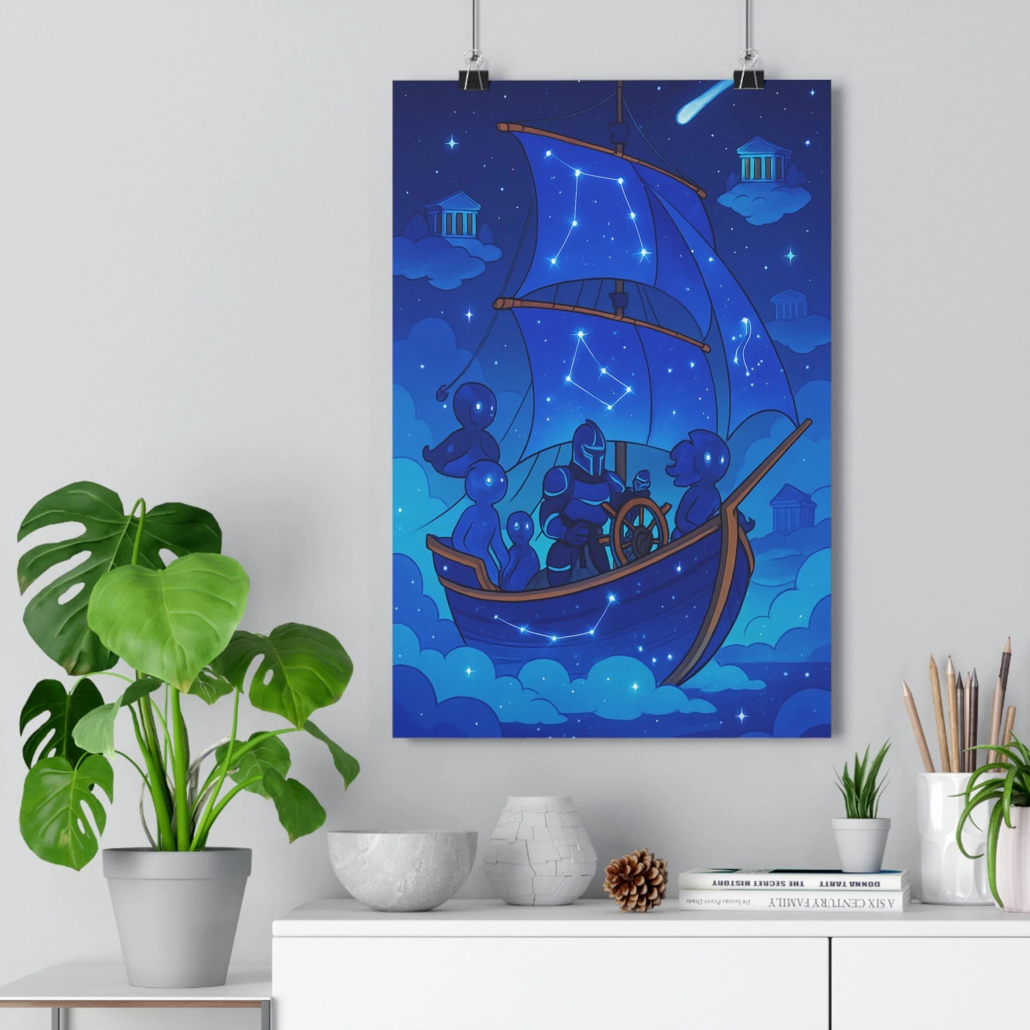 Poster décoratif mystique cosmique bleu violet cartoon créatures étoilé chambre salon ambiance sereine aventurier