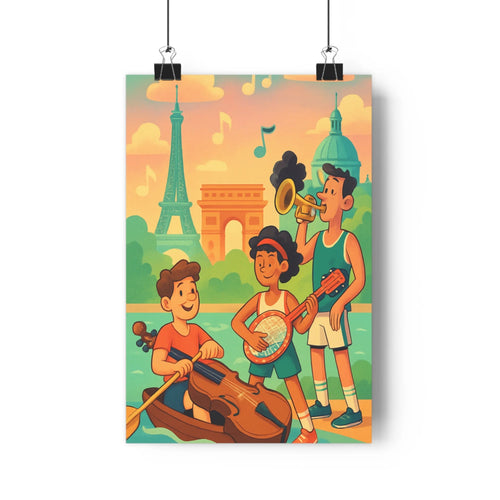 Poster musical parisien garçons violoncelle guitare trompette symboles musicaux tour eiffel arc triomphe couleurs vives ambiance joyeuse salon chambre