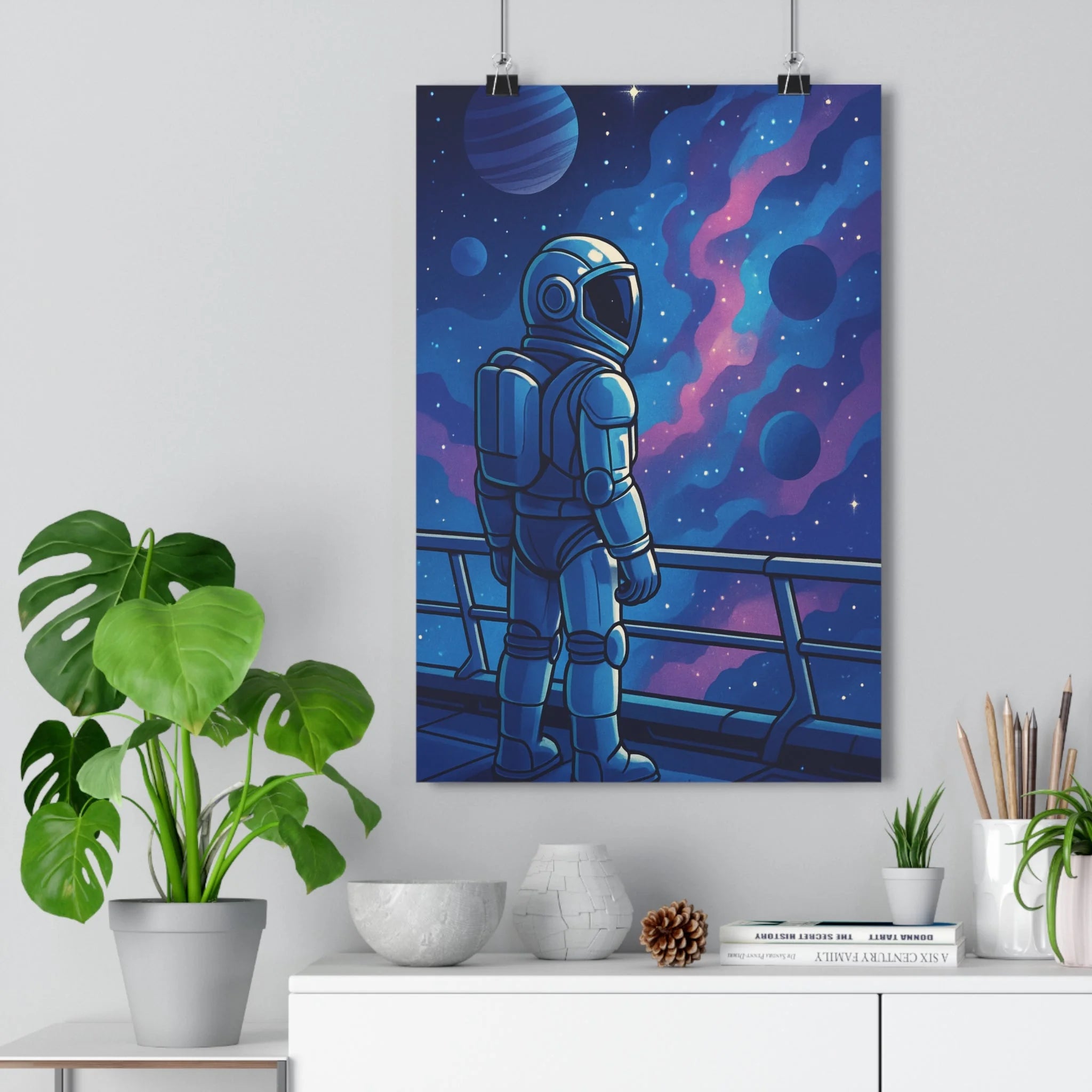Poster décoratif dessin animé bleu violet mystique espace aventure bureau chambre enfant 30x46 astronaute