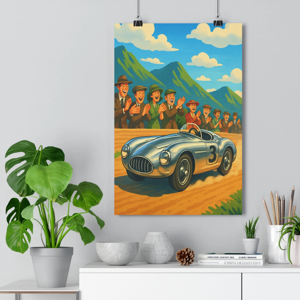 Poster décoratif vintage voiture course argenté rétro joyeux salon chambre bureau dessin animé nuages
