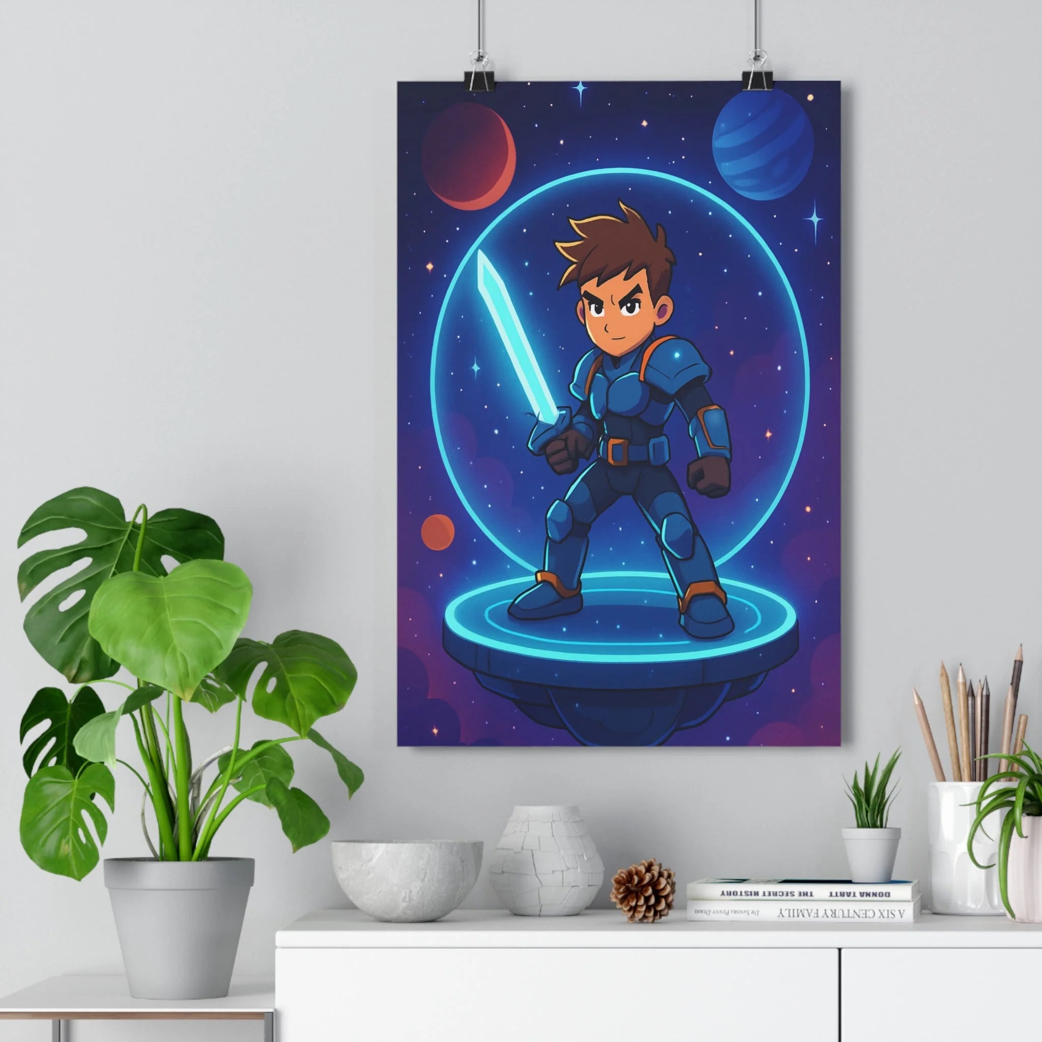 Poster décoratif futuriste gladiateur bleu rouge rétro aventure épée lumineuse chambre bureau dynamique 30x46