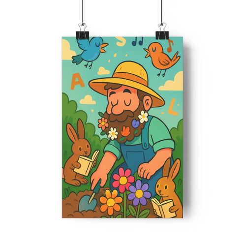 Poster jardinier plantant fleurs pot lapins lisant livres oiseaux colorés paysage verdoyant lettres flottantes style cartoon couleurs vives joyeuse ambiance