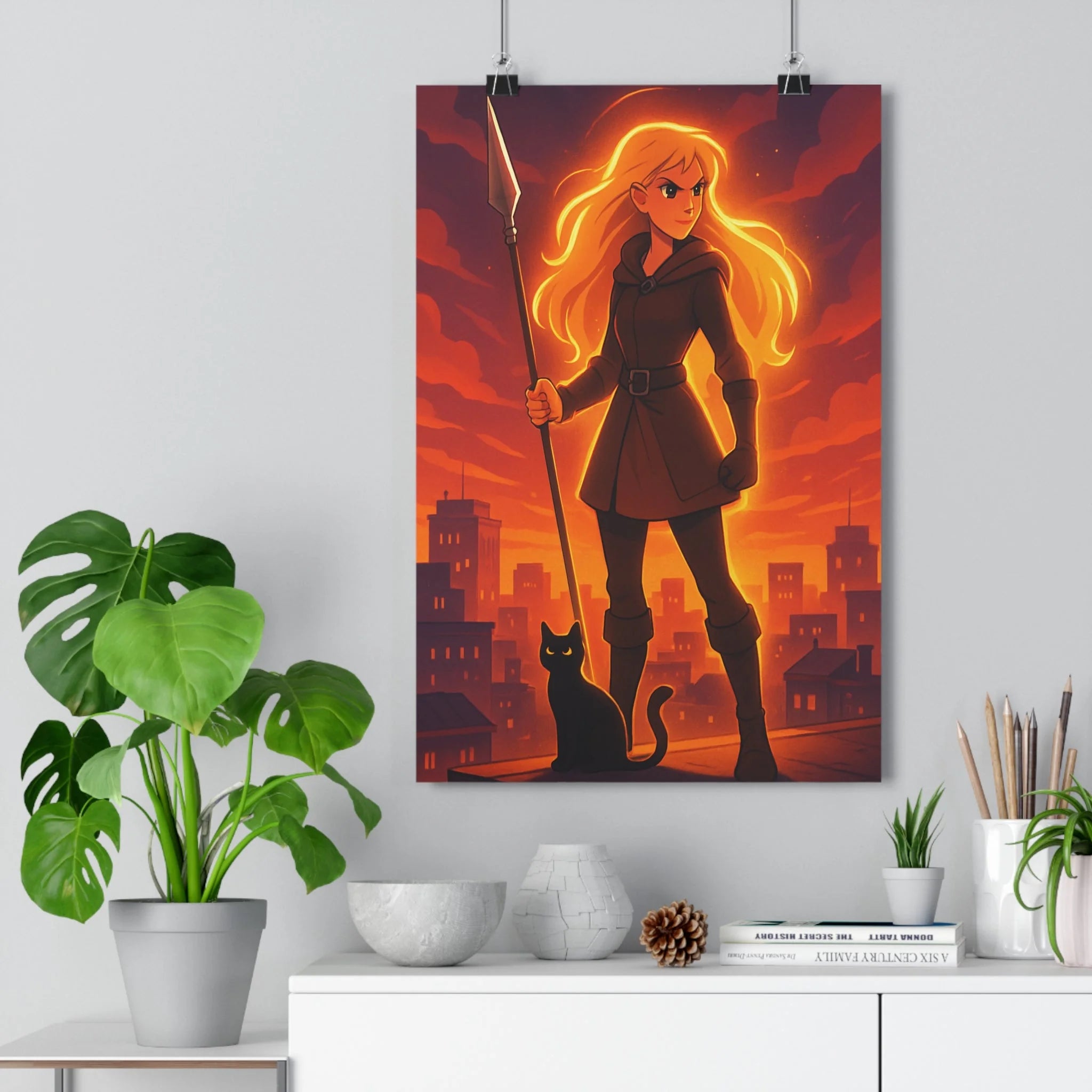 Poster décoratif mystique femme cheveux dorés chat noir coucher soleil ville salon captivant qualité