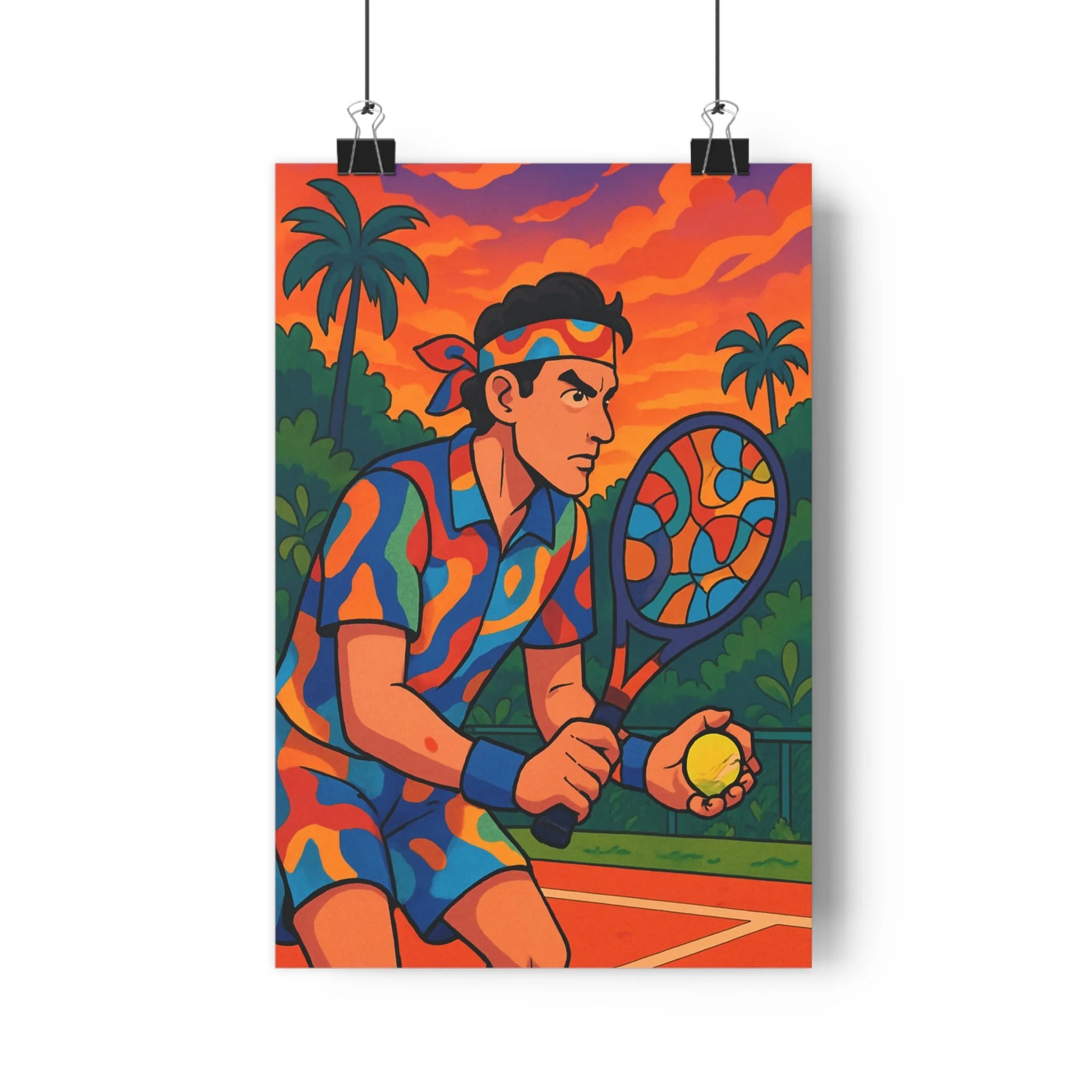 Poster décoratif dynamique anime tennis orange bleu vert chambre enfant vibrant artistique sportif ambiance