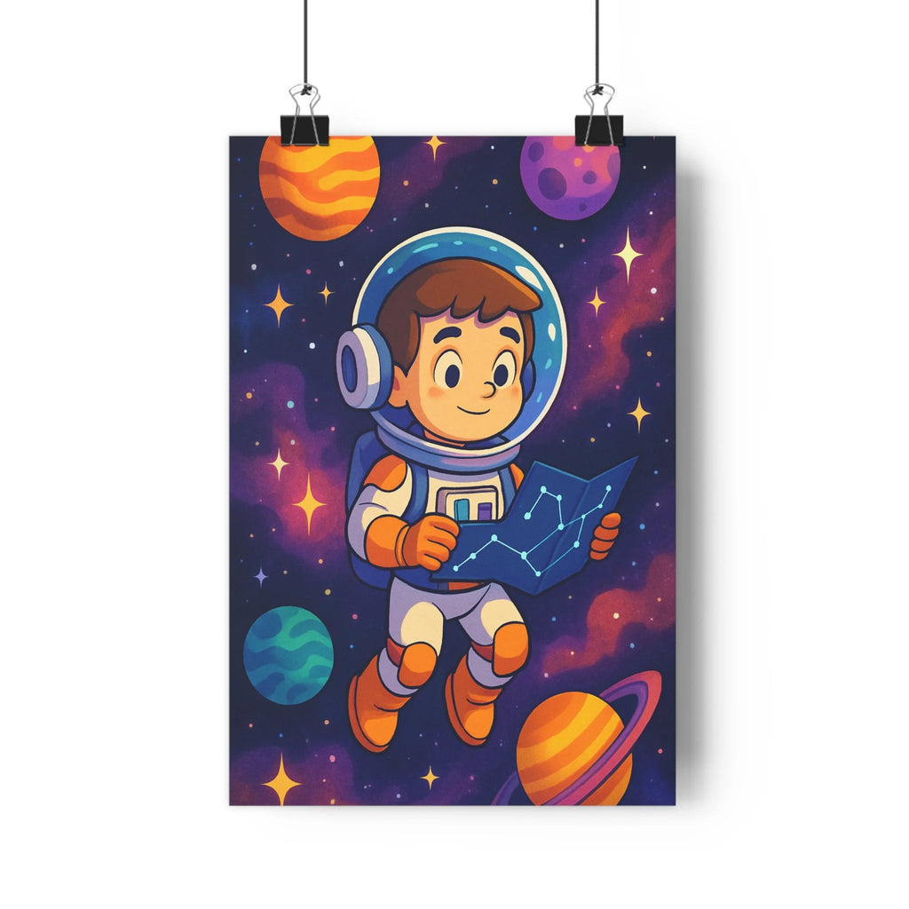Poster astronaute espace cartes étoilées plantes verte étagère blanche ciel nocturne planètes colorées anneaux saturne étoiles scintillantes contours nets expressions