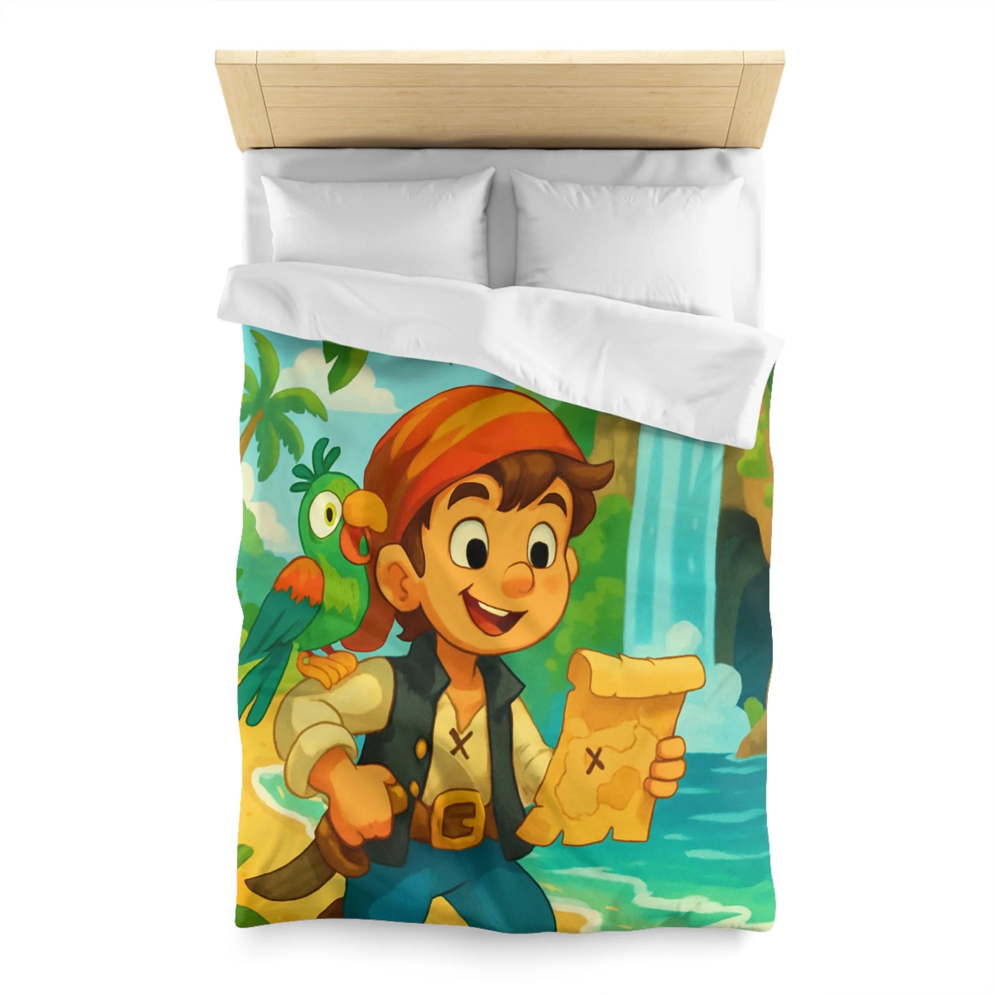 Housse de Couette Pirate Enfantine avec Perroquet, Carte au Trésor, Cascade et Plage