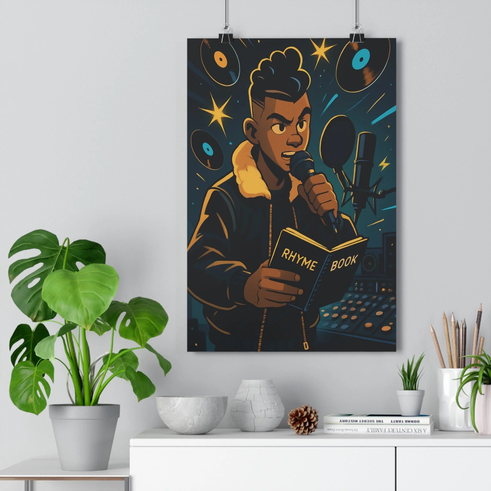 Poster décoratif urbain rappeur studio vinyles flottant bande dessinée bleu jaune dynamique chambre 30x46