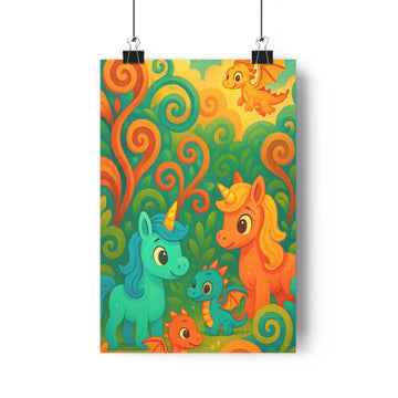 Poster fantastique licornes dragons floral joyeux vert orange jaune cartoon contours nets expressions amusantes interaction douce foret dense couleur vive